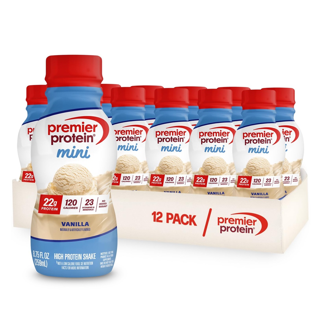 Premier Protein Shake MINIs, Vanilla, 22g Protein, 120 kalorier, 1g socker, 8,75fl oz, Pack med 12