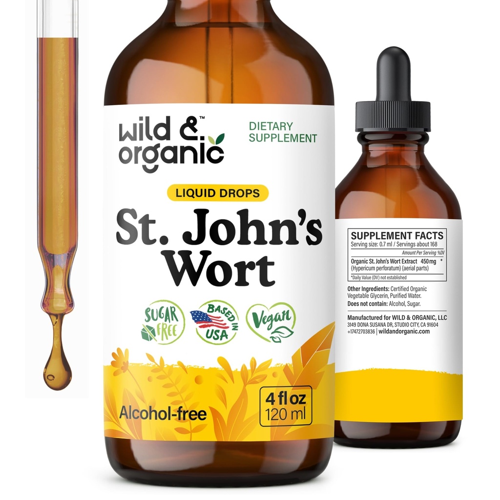 Wild & Organic St Johns Wort Tincture - Mood Support - Calming St John's Wort Supplement - Hypericum Perforatum Herbal Liquid Drops - Vegan, Sugar & Alcohol Free - 4 fl oz
