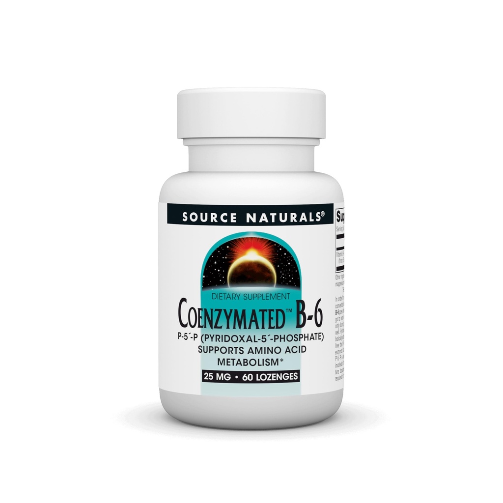 Källa Naturals Coenzymated B-6 25mg P-5 Pyridoxal-5 Fosfat Fast-Acting, Snabbupplöst Vitamin Stöder Amino Acid Metabolism * - 60 Lozenges