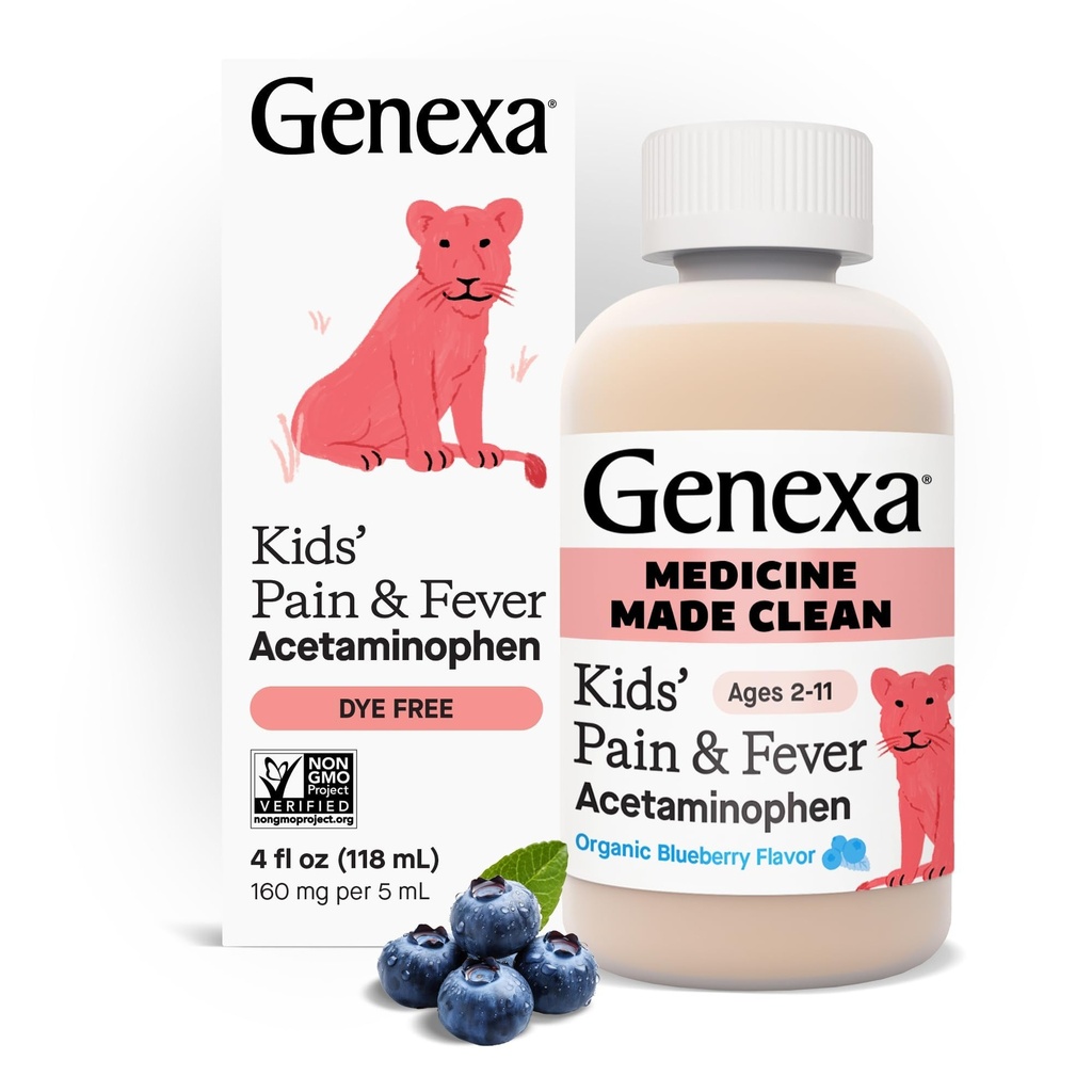Genexa Children's Clean Acetaminophen | Pediatrician Preferred Ingredients | Smärta och feber Reducer för barn | Dye Free, 0% Artificial Additives | Ålder 2-11, Delicious Organic Blueberry Liquid, 4 fl oz