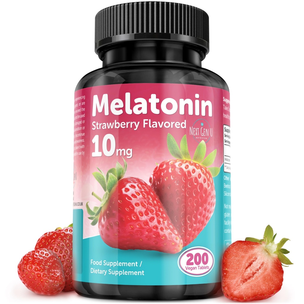 Melatonin tabletter - 10 mg kosttillskott - jordgubbssmak - 200 Vegan tabletter - av NextGenU