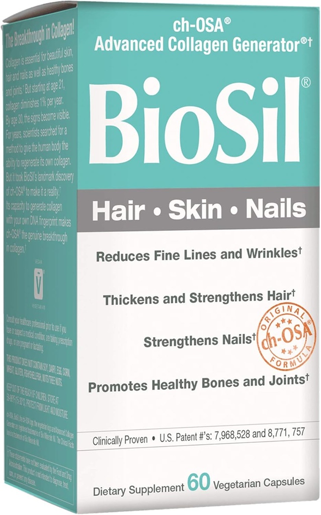 BioSil by Natural Factors, Hair, Skin, Nails, Supports Healthy Growth and Strength, Vegan Collagen, Elastin and Keratin Generator, 60 Capsules
