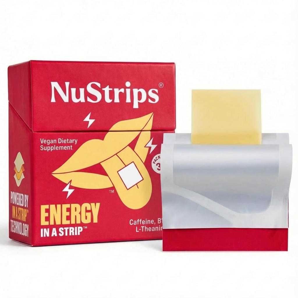 NuStripsTM Fast-Dissolving Energy Strips med 50mg Koffein, L-Theanin & Vitamin B12 - Instant Energy & Focus Utan Jitters eller Crash - Fungerar snabbare än kaffe - Soothing Cinnamon (30 Pack)