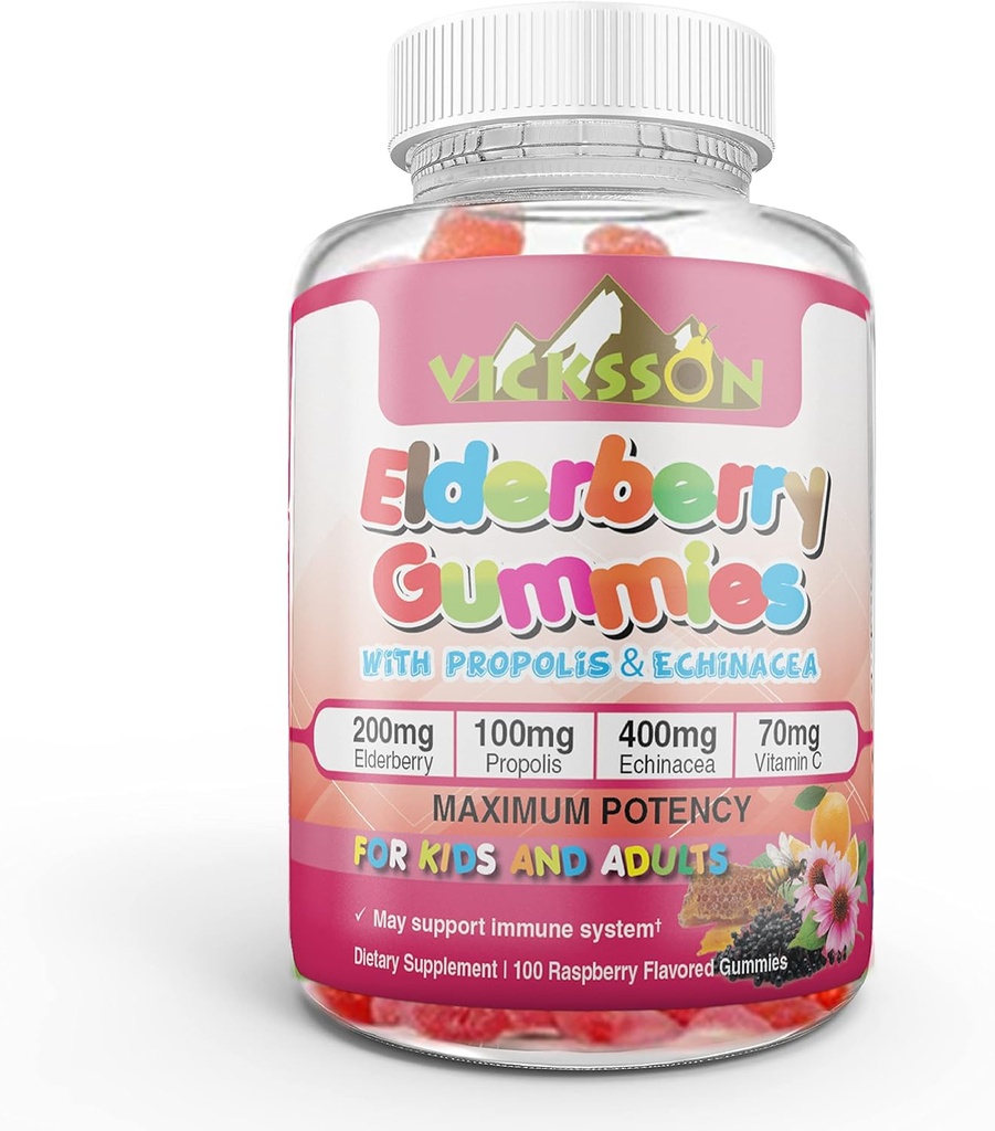 Black Sambucus Elderberry Gummies med Propolis & Echinacea + Vitamin C Antioxidant Flavonoids Immune System Booster för Kid & Adult Vegan Friendly | Raspberry smaksatt. 100 greve