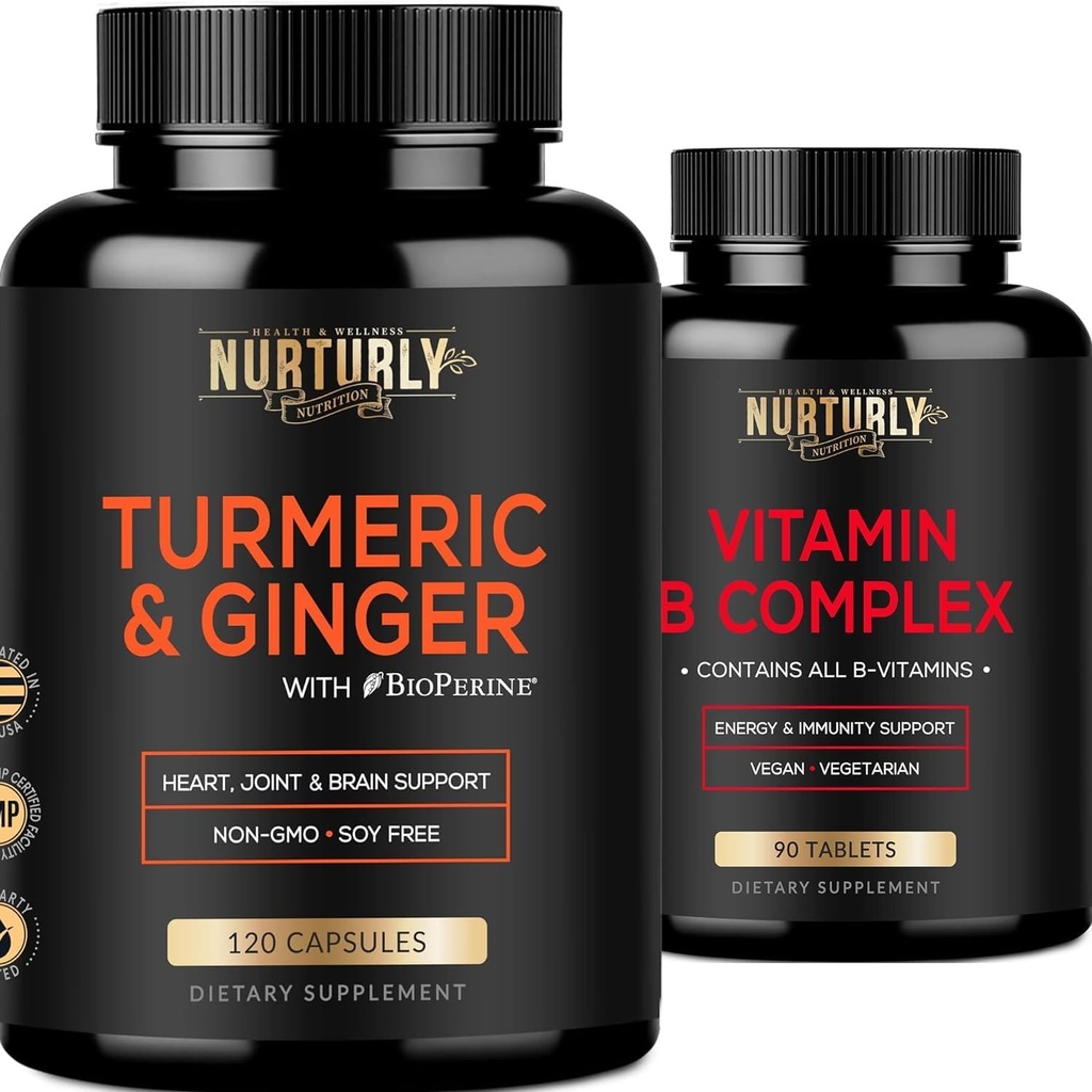 Vitamin B-komplex och gurkmeja Curcumin med BioPerine & Ginger - Innehåller alla väsentliga B-vitaminer - B1, B2, B3, B5, B6, B7, B9, B12 och Biotin - High Absorption Turmeric Supplements