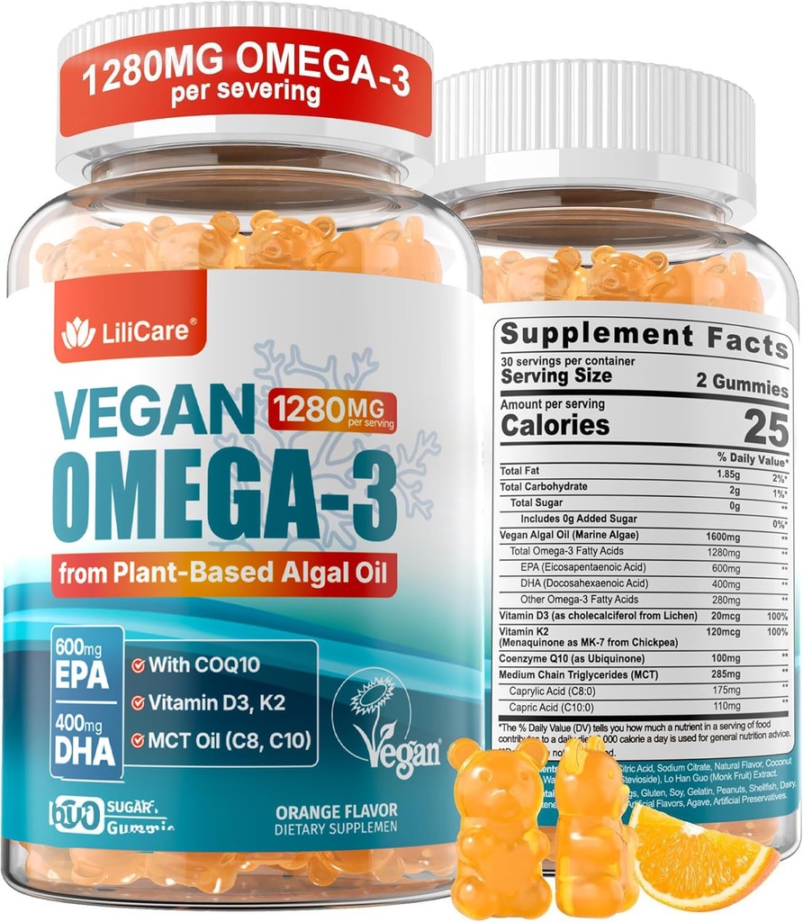 Vegan Omega-3 Gummies 1280mg + COQ10 + Vitamin D3 K2 (MK7), Omega 3 Fiskolja Alternativ för vuxna w / EPA 600mg DHA 400mg & MCT Olja, ingen fisk smak från Marine Algae, för hjärna, ögon, immunitet, 1 Pack