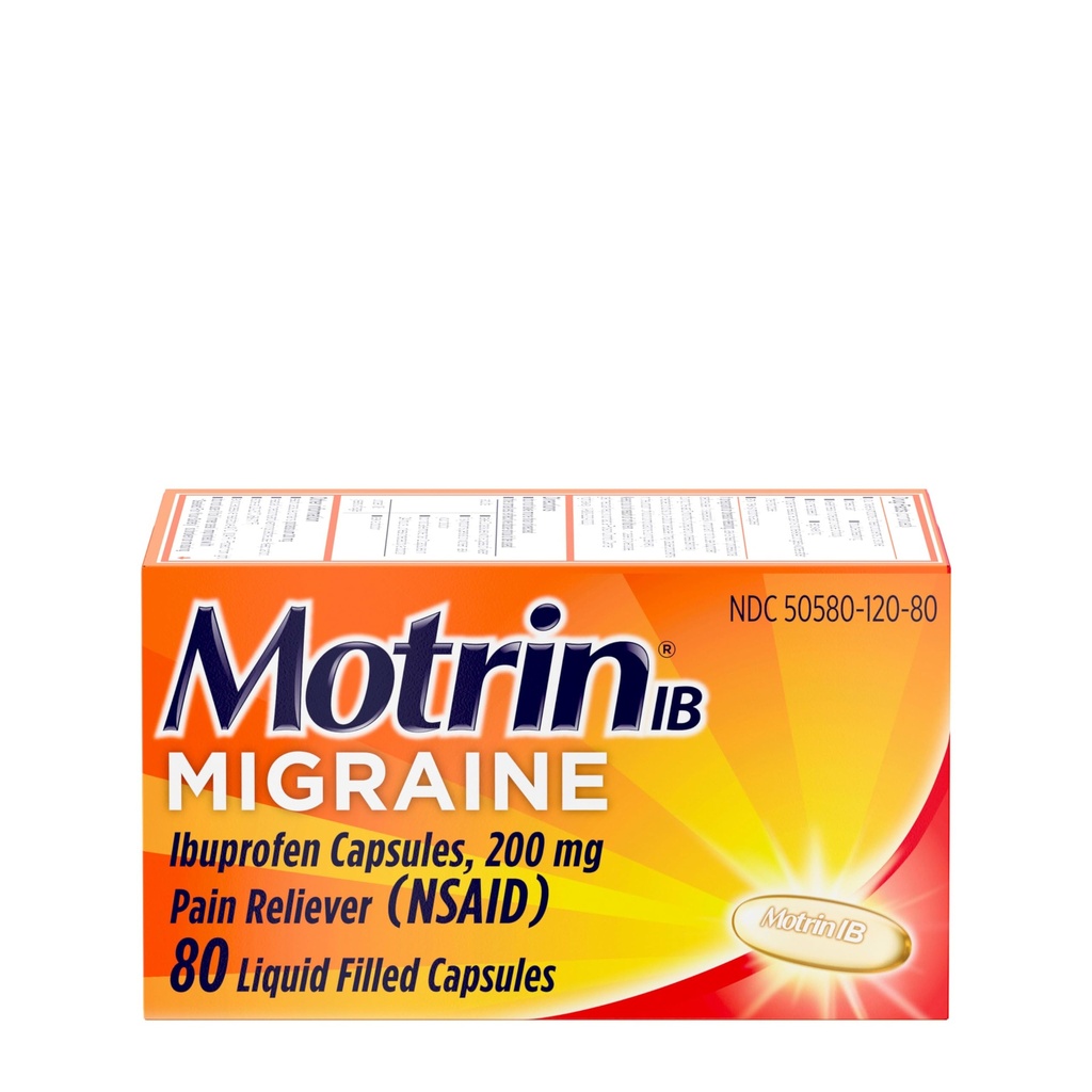 Motrin IB Migraine Relief Liquid Gel Capsules med 200 mg Ibuprofen per kapsel, snabb och effektiv Migraine Headache Medicine med NSAID Pain Reliever Ibuprofen, koffeinfri, 80 ct