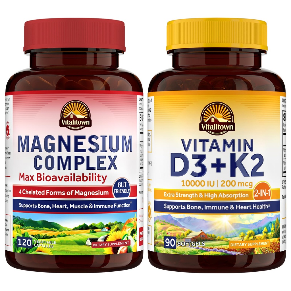Vitalitown Magnesium Complex & Vitamin D3 K2 Bundle (Pack of 2) | för Bone Heart Immune & Muscle | Magnesium Glycinate, 10000IU D3, MK-7 | 120 Mag Caps & 90 D3 Softgel