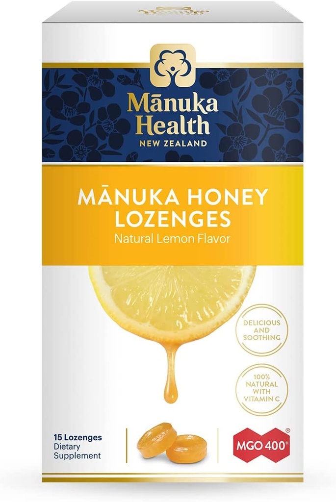 Manuka Health Manuka Honey Lozenges - 15 Lemon smaksatta Lozenges - Naturliga hals Lozenges infunderas med Raw Manuka Honung och vitamin C för immunstöd