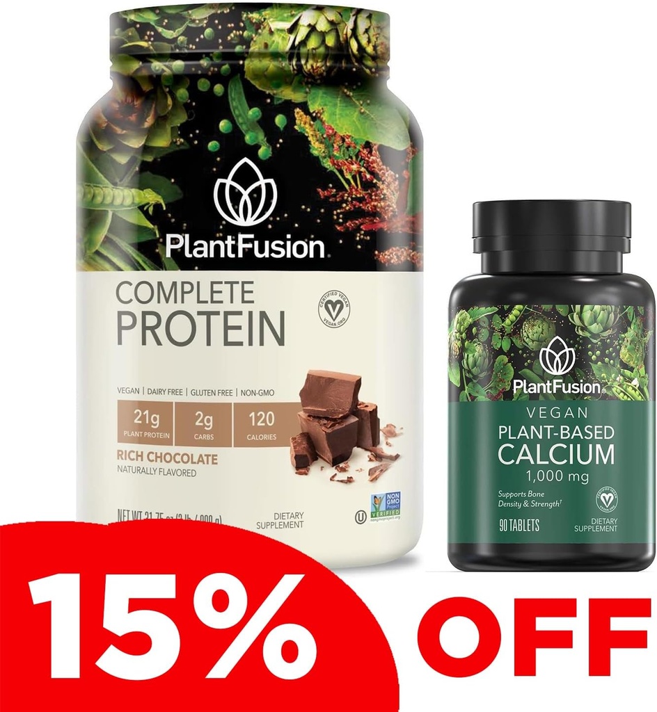 PlantFusion Complete Vegan Protein Powder & Calcium Bundle - Plant Based Protein Powder med BCAA, Digestive Enzymes och Pea Protein