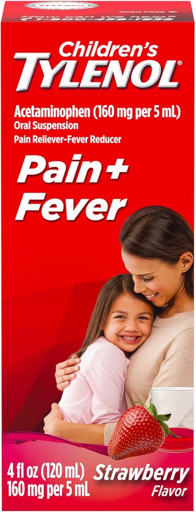 Barnens Tylenol Oral Suspension Medicine, Barnens flytande medicin Smärta Reliever & Fever Reducer för Cold + Flu Symptom, Aspirin-, Ibuprofen- & Alkohol-fri, jordgubbar, 4 fl. oz