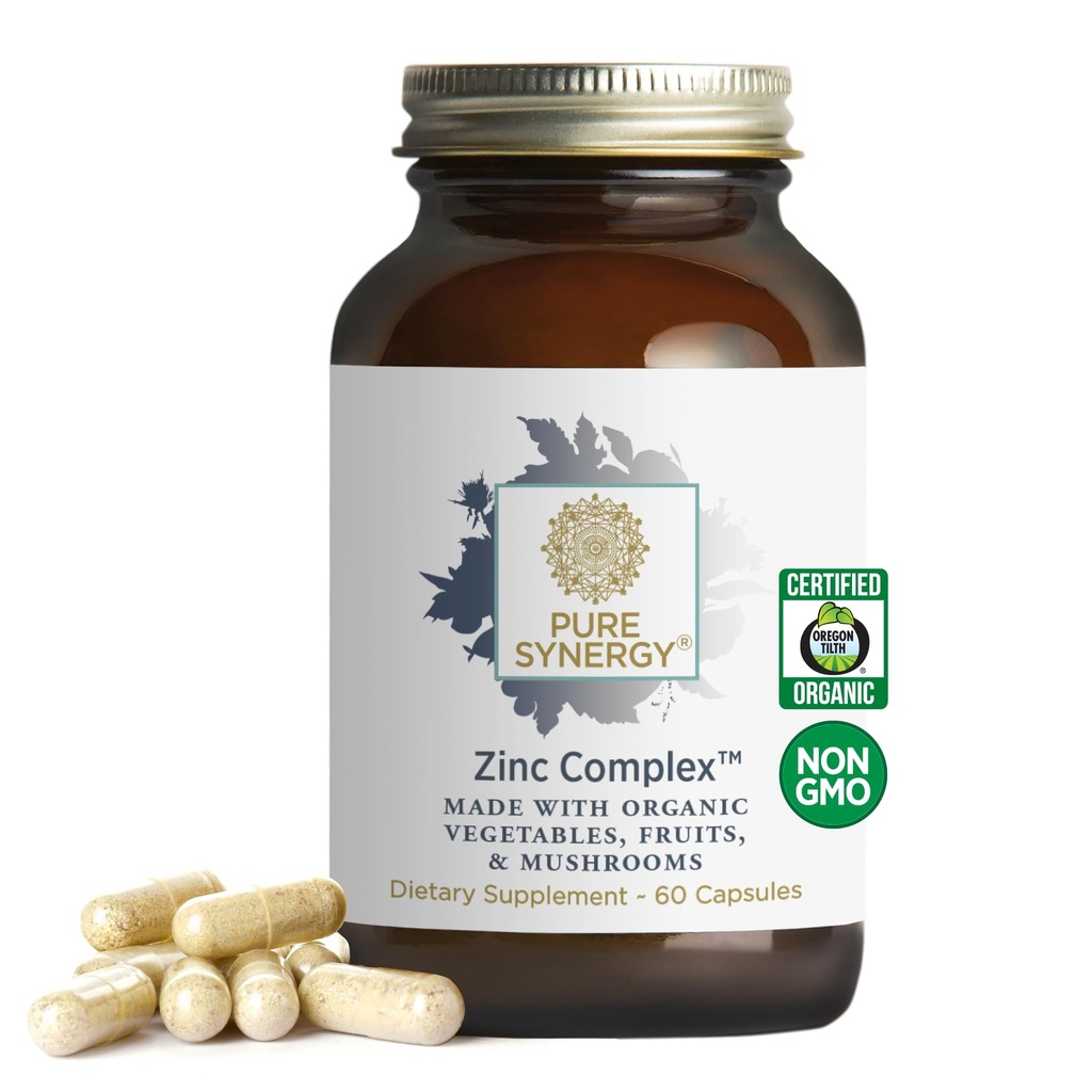 PURE SYNERGY Zink Complex | Immune Support Supplement | Naturligt, Vegan Zink Komplex med vitamin C och organiskt hela livsmedel | för immun, hjärna och hudhälsa (60 kapslar)