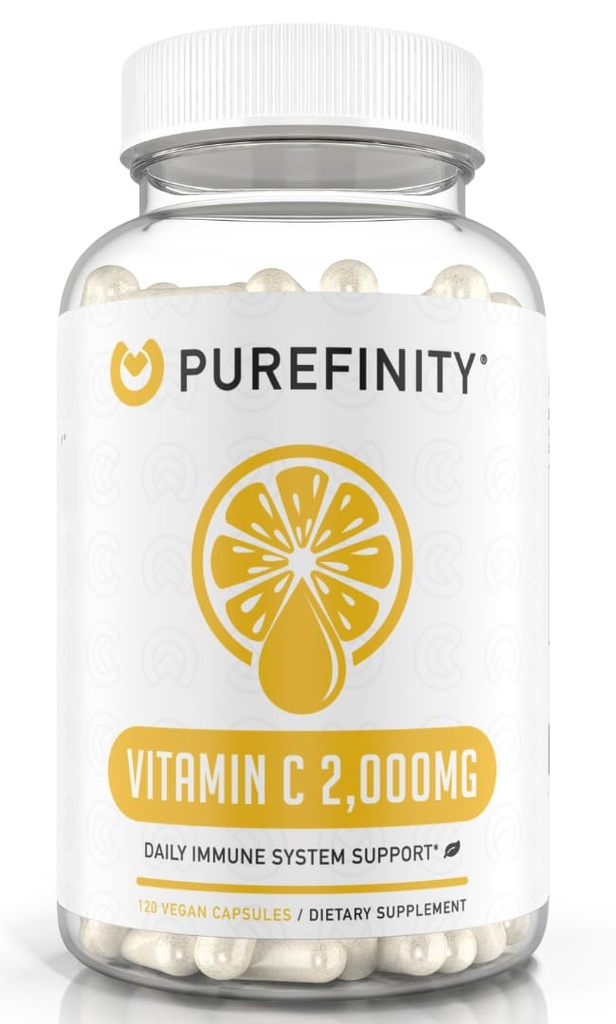 PUREFINITY Vitamin C 2000mg Capsules - Dubbel Styrka, Hög Absorption Supplement, Kraftfulla Antioxidantegenskaper, 120 kapslar (1 månads Supply)