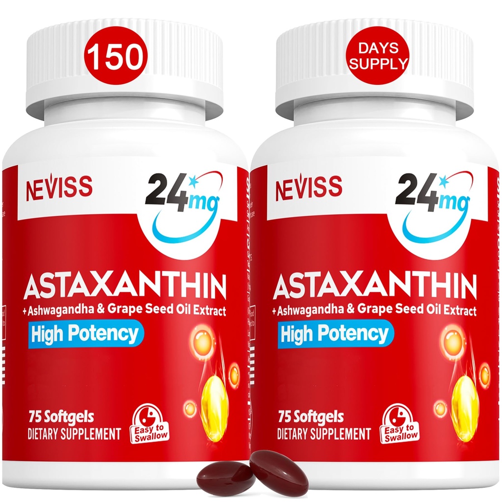 Astaxanthin Supplements 24mg, 5 månaders leverans - Coconut MCT Olja, färsk Microalgae Source w/Grape Seed Oil, Ashwagandha - Antioxidanter för hälsosam hud, ögon, åldrande - Non-GMO & Gluten Free, 150 Softgels