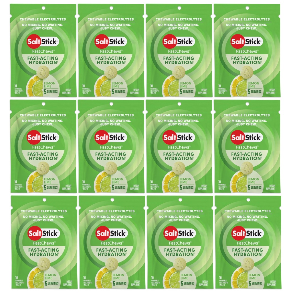 SaltStick Electrolyte FastChews Chewable Tablets, Lemon Lime, 120 räkna, 12 paket med 10 tabletter varje