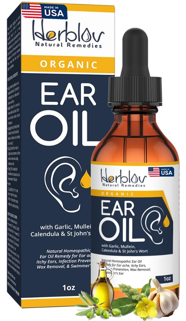 Organic Ear Oil for Ear Infections - Natural Eardrops for Infection Prevention, Swimmer's Ear & Wax Removal - Kids, Adults, Baby, Dog Earache Remedy - with Mullein, Garlic, Calendula, Made in USA