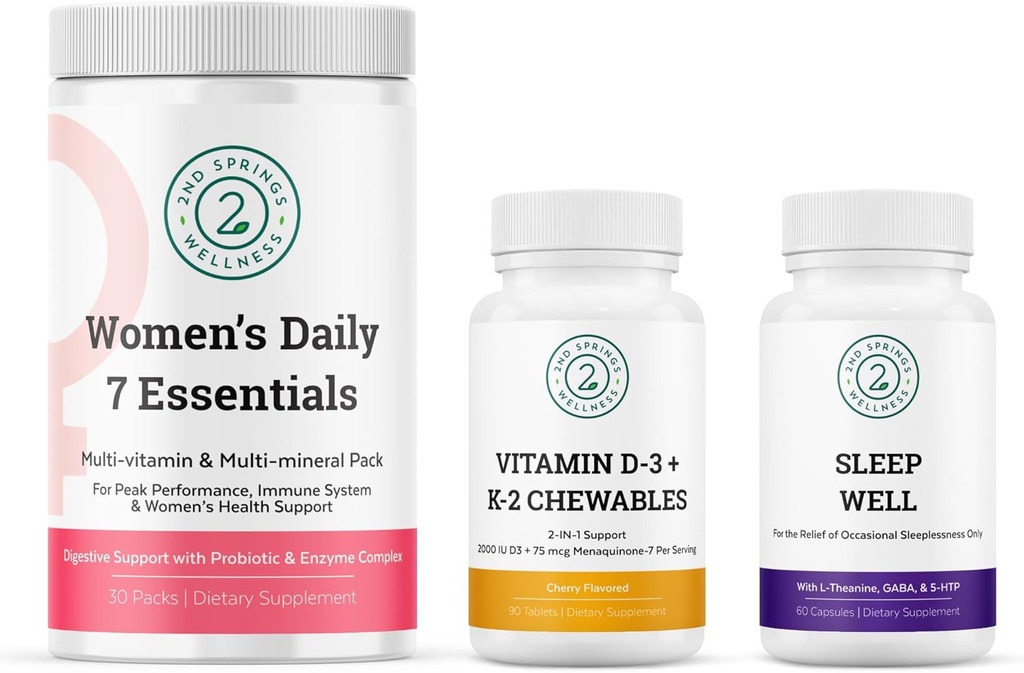 Kvinnors dagliga 7 väsentligheter, vitamin D3 + K2 Chewables & Sleep Well Bundle