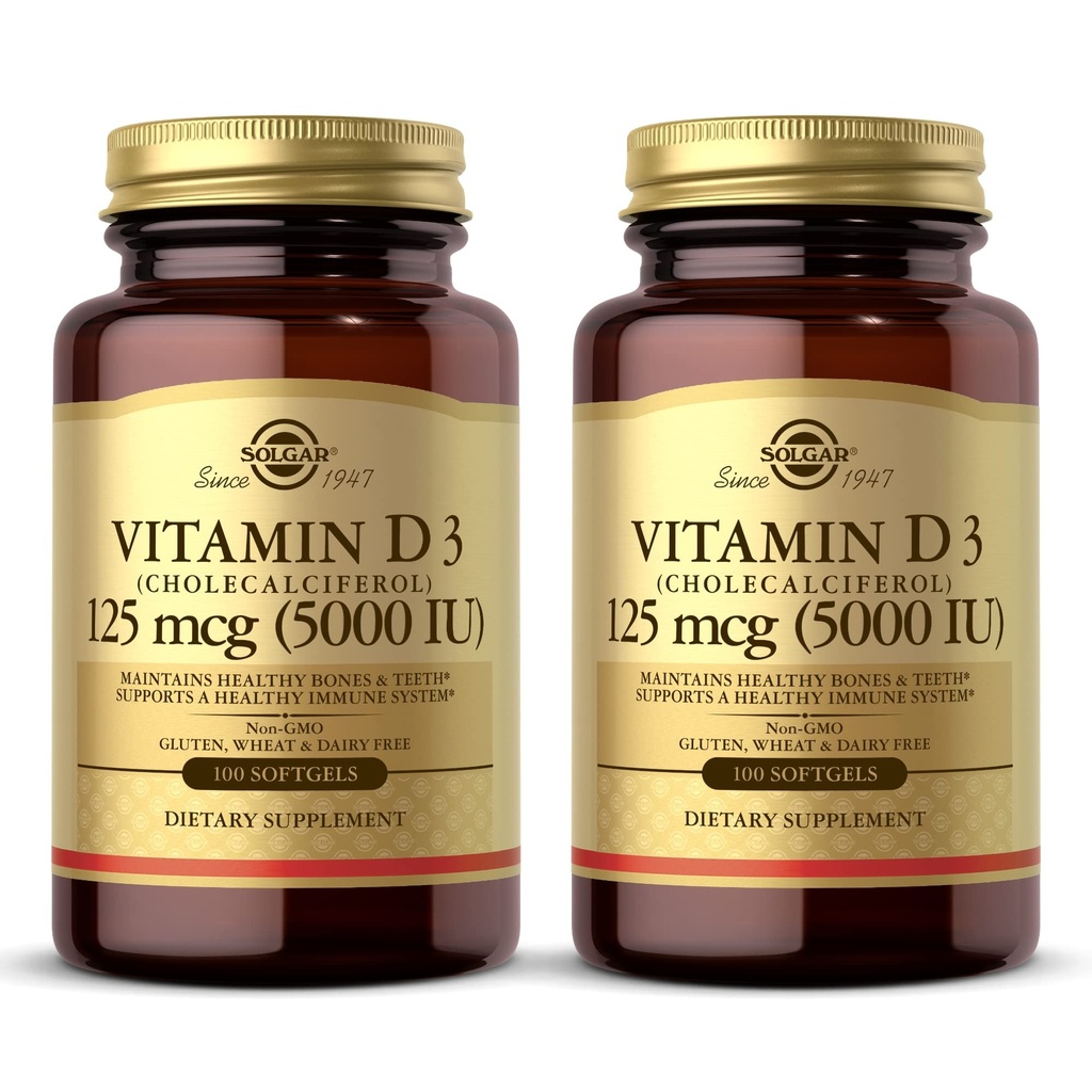Solgar Vitamin D3 (Cholecalciferol) 10 mcg (400 IE) - 100 Softgels, Pack of 2 - Hjälper till att upprätthålla hälsosamma ben och tänder - Immunsystemsupport - Icke-GMO, Gluten Free, Dairy Free - 200 Total Servings