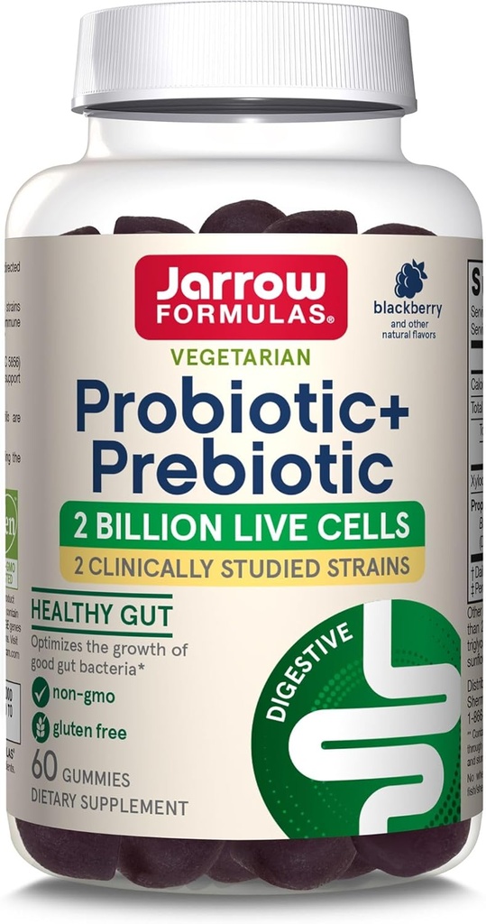 Jarrow Formulas Probiotic + Prebiotic Dietary Supplement, Digestive Health, Gut Flora + immun hälsa - 2 miljarder CFU - 2 kliniskt studerade stammar - 60 Gummies - Blackberry smak