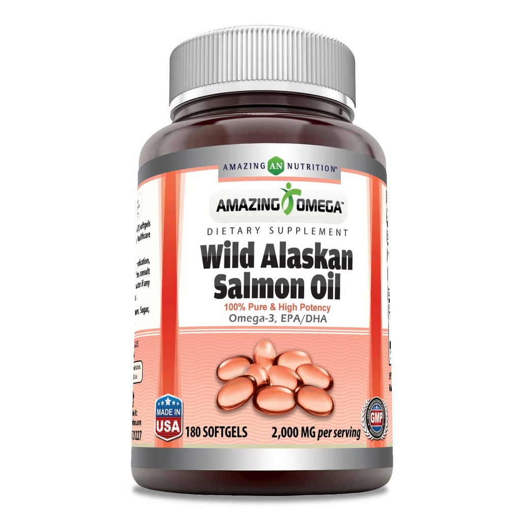 Fantastiska Omega Wild Alaskan Salmon Oil Supplement | 2000 Mg per portion | 180 Softgels | Icke-GMO | Glutenfri | Tillverkad i USA