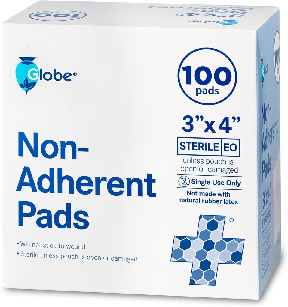 Globe Advanced Sterile Non-Adherent Pads| 100-Pack, 3" x 4 "| Non-Adhesive Wound Dressing| Mycket Absorbent & Non-Stick, Painless Removal-Switch | Individuellt inslagen för extra skydd (3 x 4)