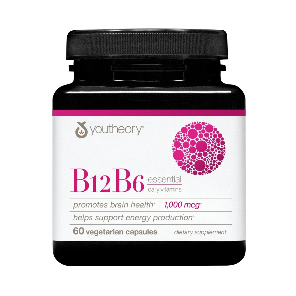 Youtheory B12B6 - Vegan Vitamin B6 & Vitamin B12 - Erbjuder Brain Health, Energy & Immunity Support * - Dairy, Soy & Gluten Free - 60 Vegetariska kapslar