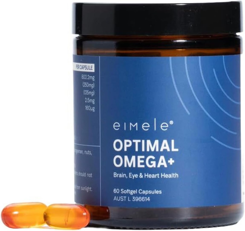 eimele | Optimal Omega + | Plant-Based Omega-3 EPA & DHA | Tillskott för hjärna, ögon och hjärthälsa | Antioxidant stöd för kognitiv funktion och välbefinnande | Icke-GMO | Vegan | 60 softgel kapslar