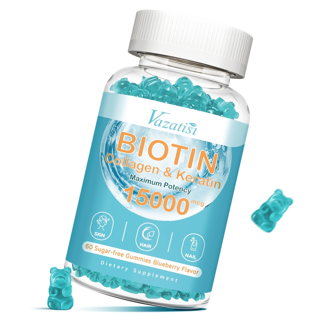 Biotin och Collagen Gummies med B12, Hair Skin och Nails Vitamins Gummies for Hair Growth, Glowing Skin & Strong Nails - Blueberry Flavor, Sugar Free, 60 Ct