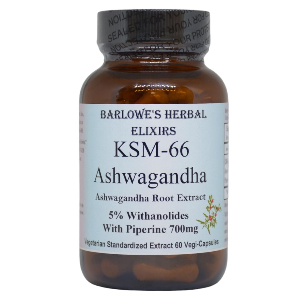 Barlowes Herbal Elixirs KSM-66 Ashwagandha | Ashwagandha Root Extract | 5% Withanolides | 700 mg per kapsel | 60 Veggie Capsules | Stearate Free | Glass Bottle