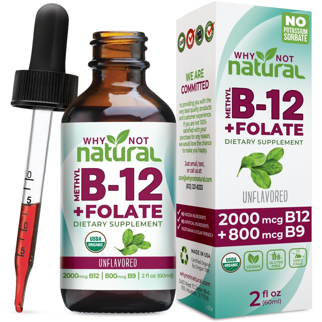 Why Not Natural Vitamin B12 Liquid Plus Folate - Organic Sublingual Extra Strength Vegan Drops - Methyl Supplement with Folinic