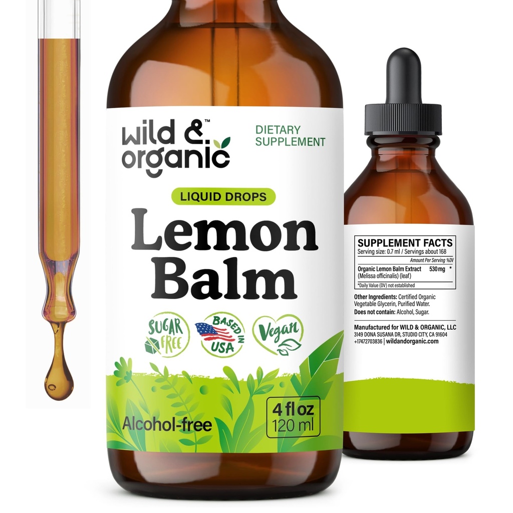 Wild & Organic Lemon Balm Tincture - Mood Support Supplement - Melissa Lemon Balm Leaf Extract Drops - Vegan, Sugar & Alkoholfri Kalmning Supplement - 4 fl oz