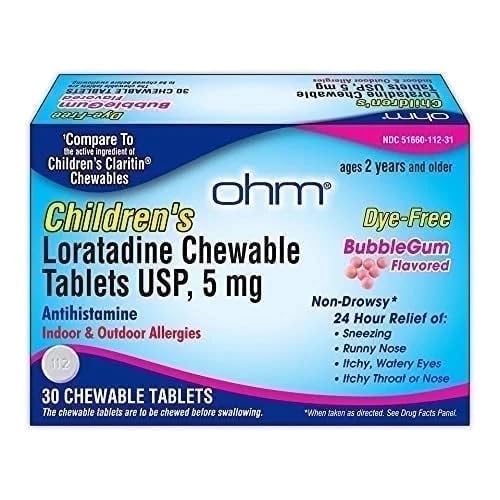 Ohm Children's Loratadine Chewable, Dye Free, Bubblegum, Non-Drowsy 24h Relief of Sneezing, Runny Nose, Watery Eyes, Itchy Throat eller Nose, Antihistamine, Indoor & Outdoor Allergies, 5mg, 30 tabletter