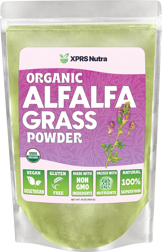 XPRS Nutra Organic Alfalfa Powder - Premium Vegan Supplement Rich i kalcium, antioxidanter, vitaminer - Farmer Supplement för barn och vuxna - Vegan Friendly Alfalfa Leaf (16 Ounce)