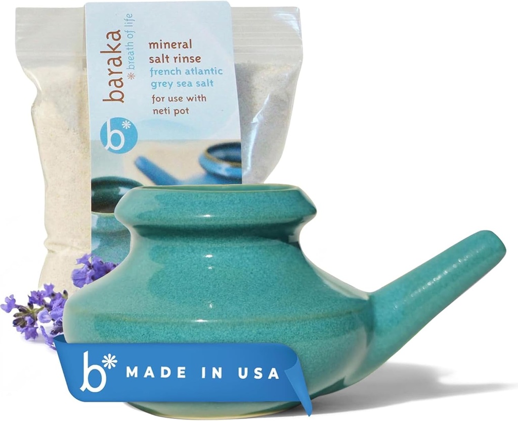 Baraka Neti Pot Tool Kit - Snoring & Saline Solution, Handgjord Ceramic Dishwasher Safe med 2oz Mineral Sea Salt för näsrengöring och Sinus Rinse Perfekt för allergi lättnad hos vuxna och barn (Jade)