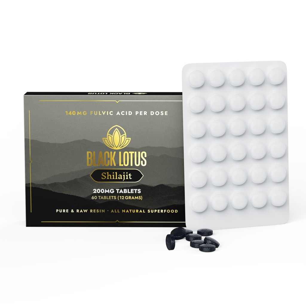 Black Lotus Shilajit Resin Tablets, 60 Count, 200mg Var och en, 100% ren naturlig Shilajit för män och kvinnor med aminosyror, 140mg Fulvic Acid, 85 Ionic Trace Minerals, för Immune Support, Focus, Energy