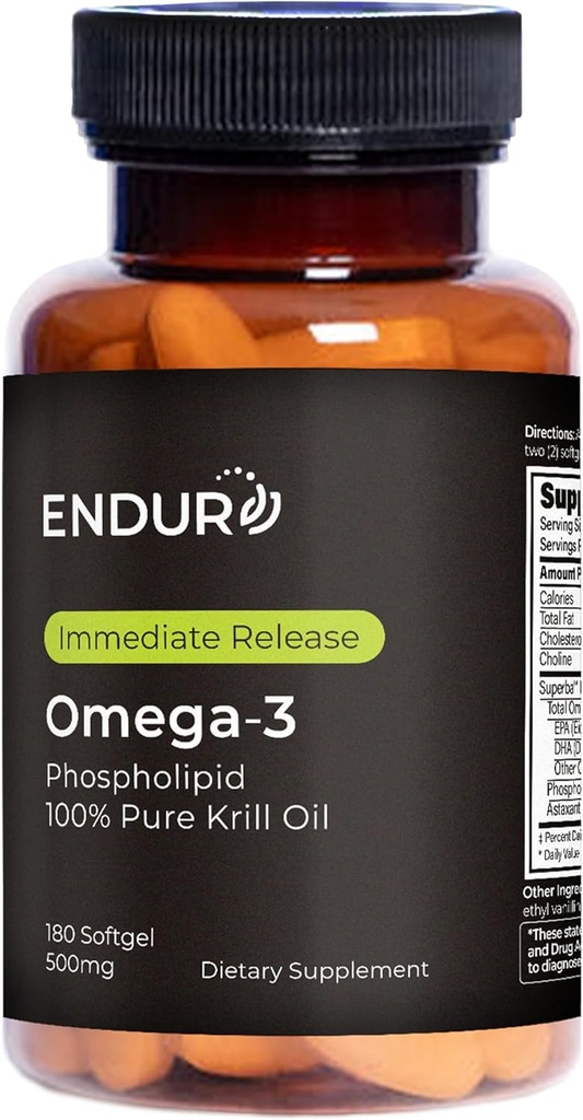 Endur Omega-3 Phospholipid (100% Pure Krill Oil), Heart Health Supplement, formulerad för Optimal Absorption, Gluten Free, 500mg (180 Softgels)