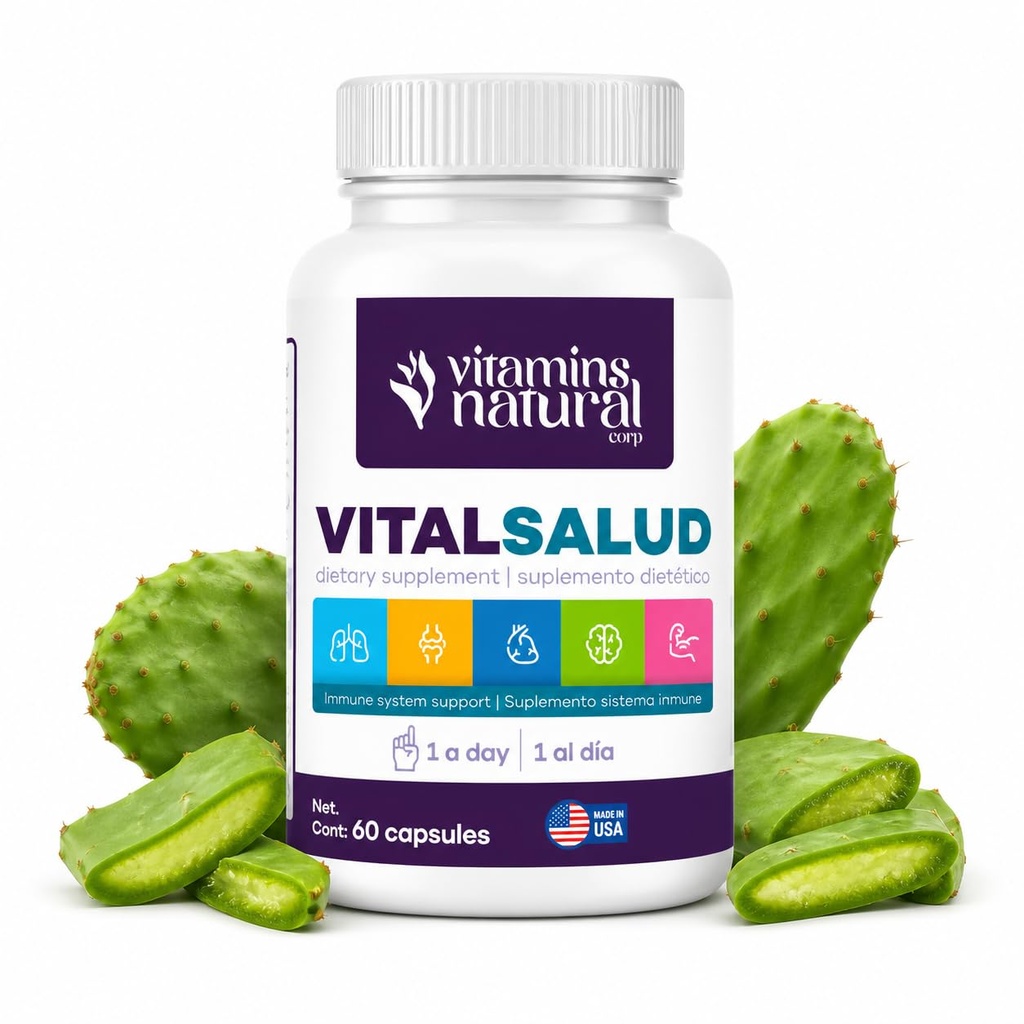 VITAMINS NATURAL CORP-Vital Salud Plus-Organic Immune System Support Supplement med Nopal Cactus, L-Carnitine Base-Supports Bone Health, minskar åderbråck, förbättra hudens utseende (60 kapslar)