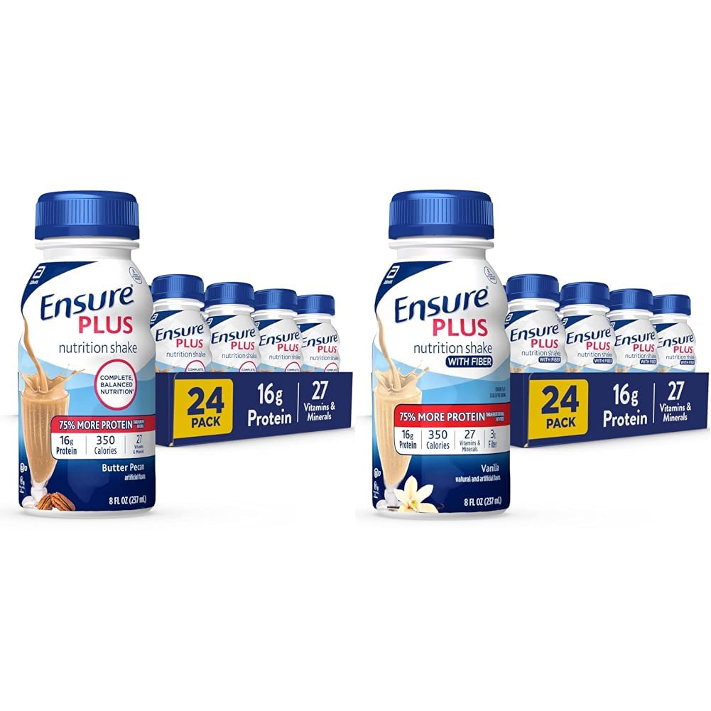 Säkerställ Plus Nutrition Shake med 16 gram protein & Ensure Plus Liquid Nutrition Shake med Fiber, 16 Grams of Protein, Vanilla, 8 Fl Oz Bottle (Pack of 24)