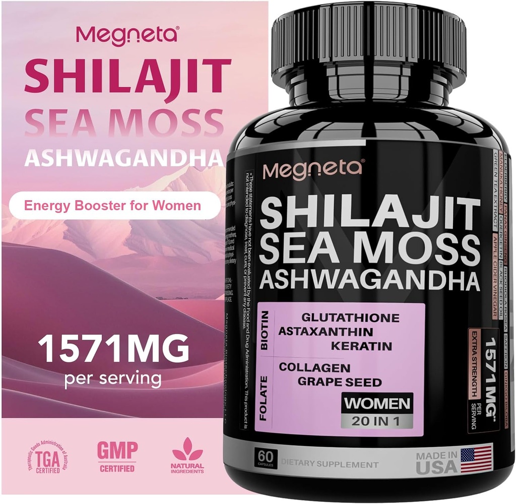 All-in-One Sea Moss, Shilajit, Ashwagandha & Glutathione Supplement för kvinnor, ökar energi, 60 kapslar