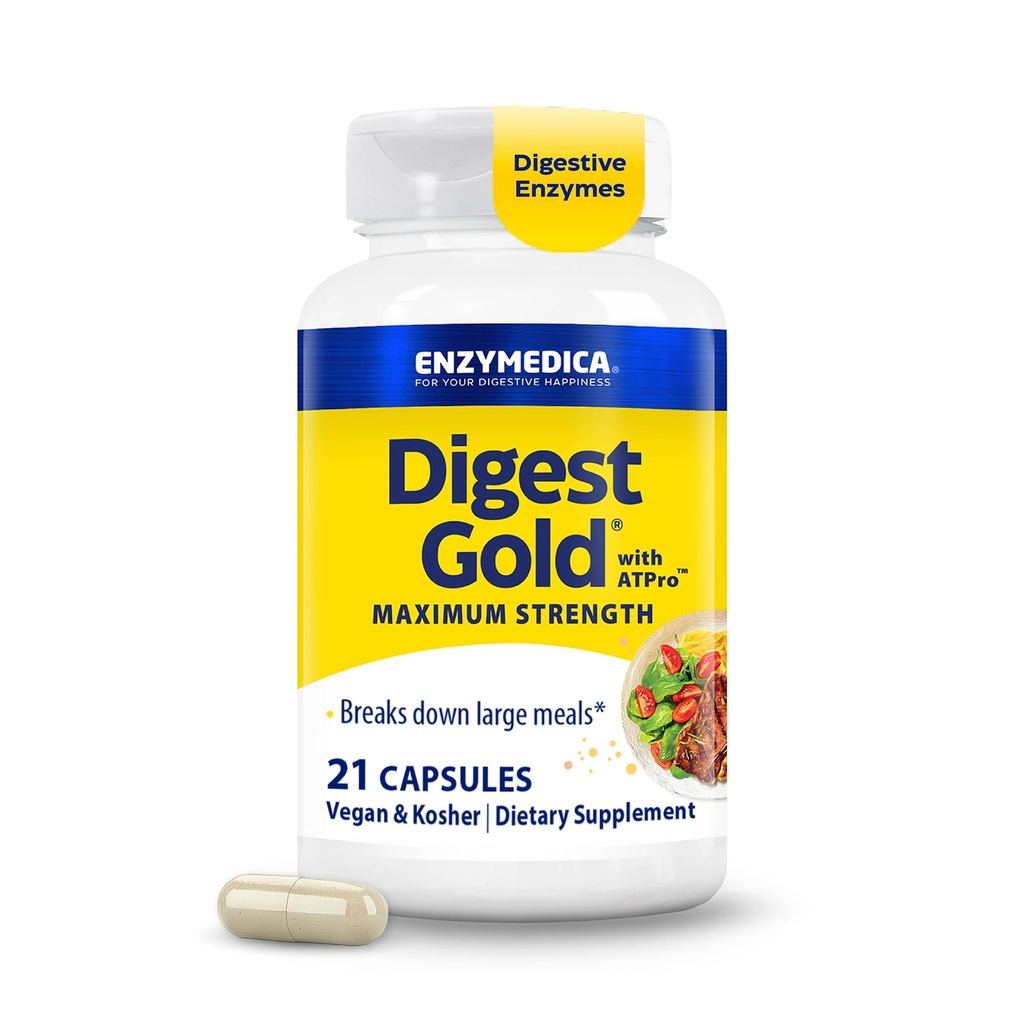 Enzymedica Digest Gold + ATPro, Maximum Strength Enzyme Formel, förhindrar uppblåsthet och gas, 14 Key Enzymes Inklusive Amylase, Protease, Lipase och Lactase, 21 kapslar (FFP)