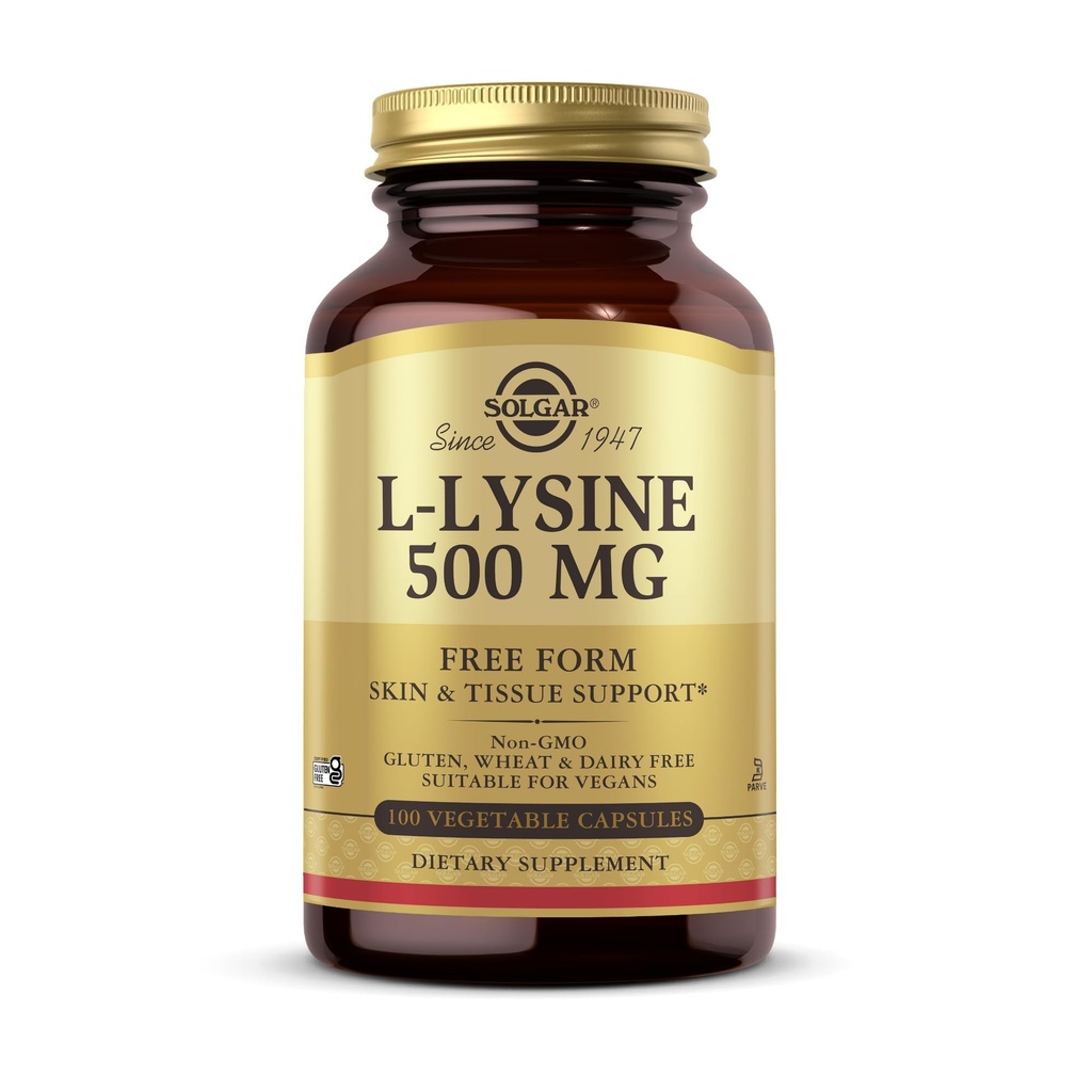 Solgar L-Lysine 500 mg - 100 vegetabiliska kapslar - Skin & Tissue Support - Non-GMO, Vegan, Kosher, Gluten Free - 100 portioner