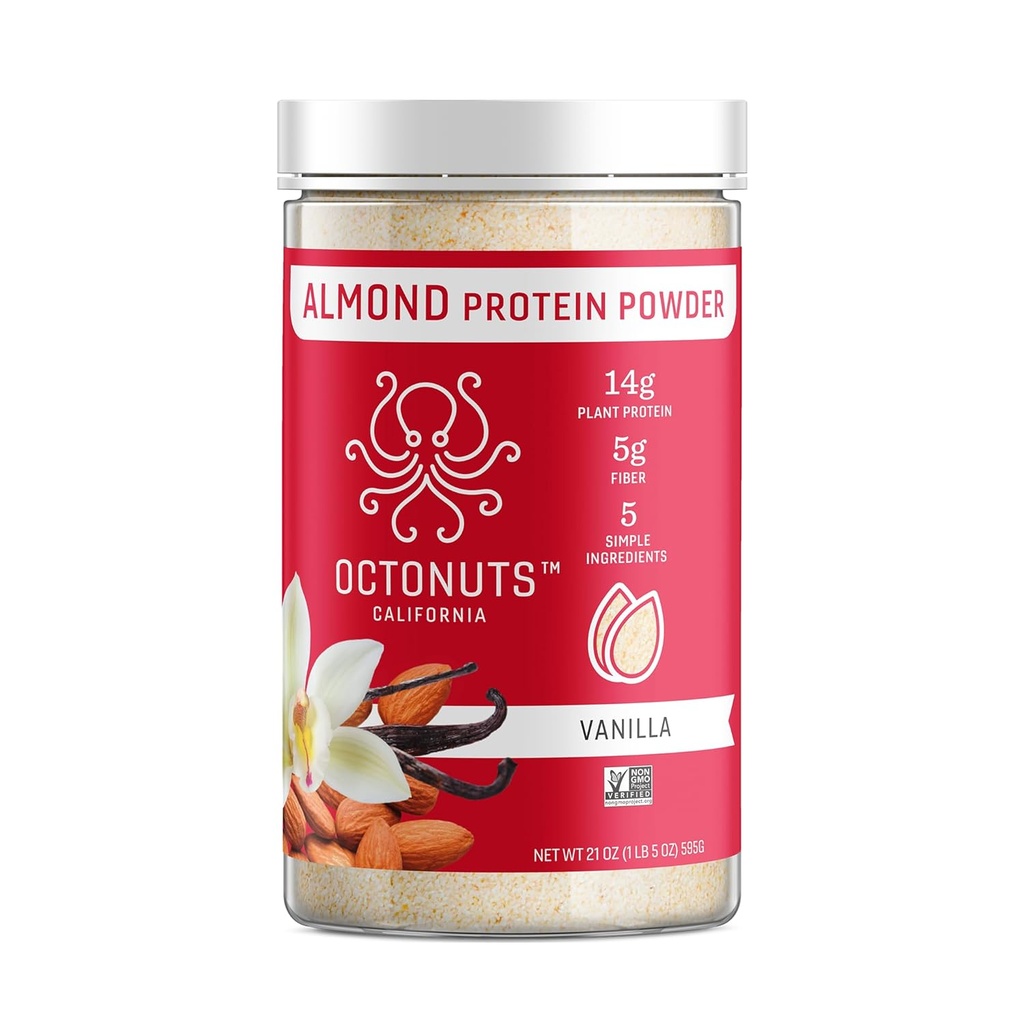 Octonuts Vanilla Almond Protein Powder 21oz - Plant Based Vegan Protein - Clean Low Carb Blend med 14g Protein, 5g Fiber - Keto, Paleo, Gluten Free, Non-Dairy - Idealisk för Shakes, Smoothies eller Baking