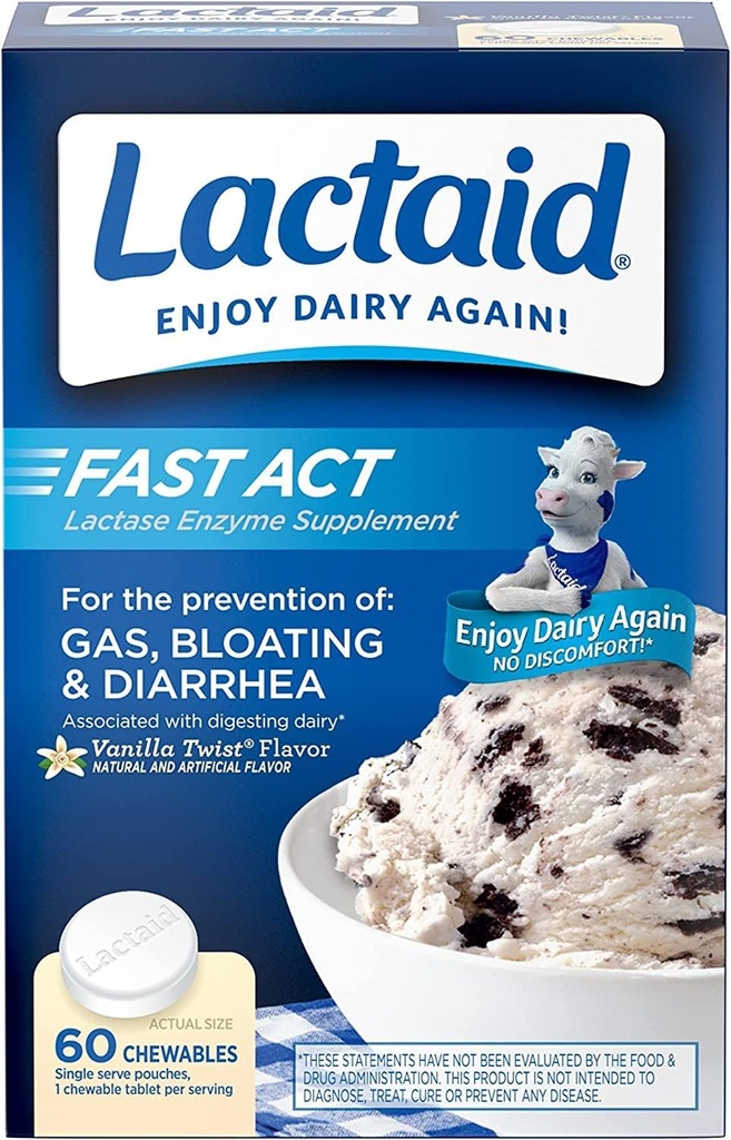 Lactaid Fast Act Lactose Intolerance Relief Chewables med Lactase Enzyme för att förhindra Gas, Bloating & Diarrhea På grund av LaktosKänslighet, Perfekt för Travel & On-the-Go, Vanilla Twist,60 Packs av 1-ct.(5pk)