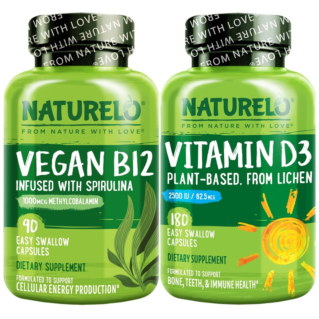 NATURELO Vitamin D - Plant baserad från Lichen - 180 Mini kapslar, Vegan B12, 1000 mcg Methylcobalamin - 90 kapslar