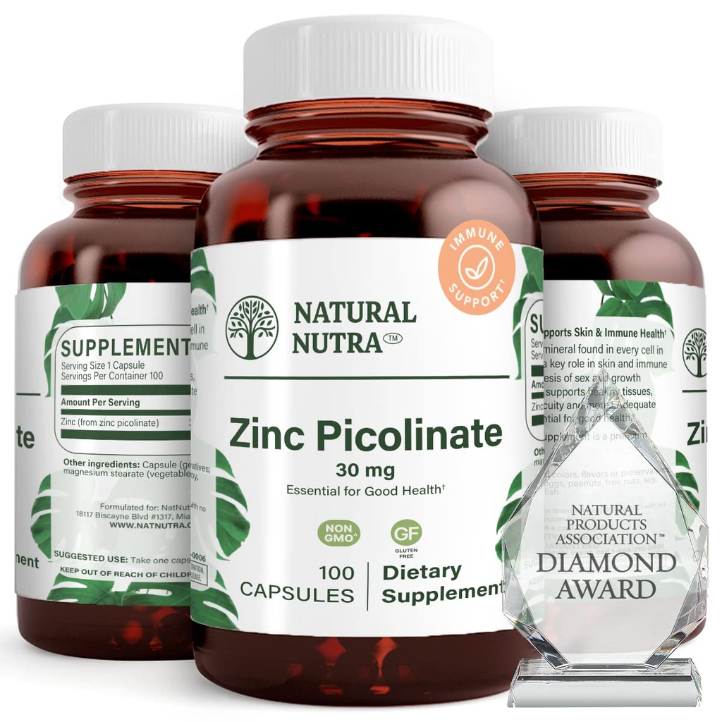Natural Nutra Zinc Picolinate 30 mg, dubbel styrka, rå och ren, mycket biotillgänglig tillskott för tillväxt och immunstöd, hjälper till att främja hudhälsa, hjälper till att stödja metaboliskt system 100 kapslar