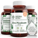 Natural Nutra Zinc Picolinate 30 mg, dubbel styrka, rå och ren, mycket biotillgänglig tillskott för tillväxt och immunstöd, hjälper till att främja hudhälsa, hjälper till att stödja metaboliskt system 100 kapslar