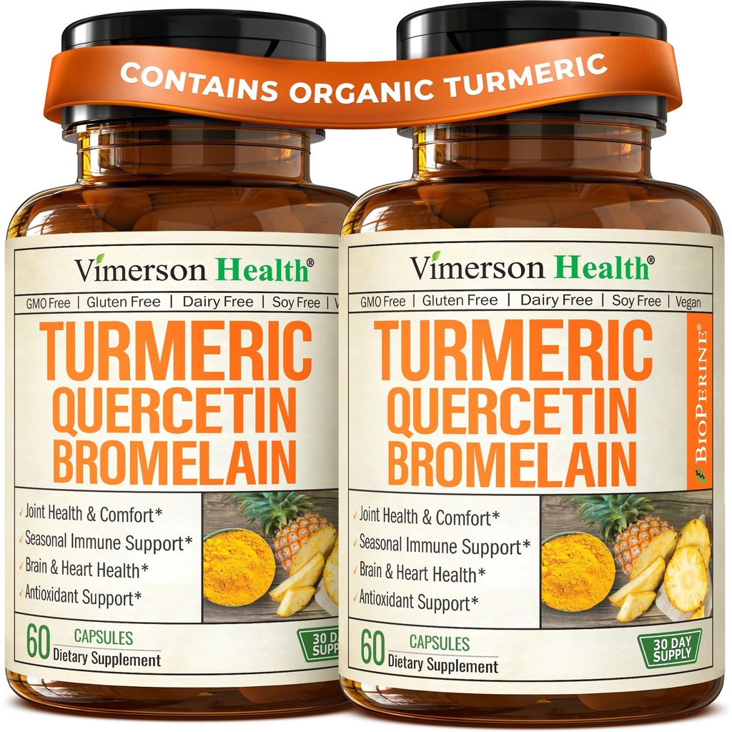 Quercetin med Bromelain Turmeric Curcumin Supplement - Allergy Relief, Joint & Immune Support - Organic Turmeric Supplement med Black Pepper (Bioperine) - Quercetin 500mg Capsules 2 Pack