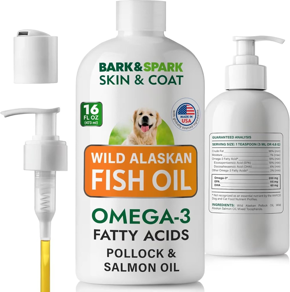 BARK & SPARK Fish Oil för hundar - Natural Omega-3-Skin & Coat Support - Liquid Food Supplement för Pets-EPA + DHA Fettsyror för gemensam funktion, Immune & Heart Health 16 (fl oz)-Sardine & Krill