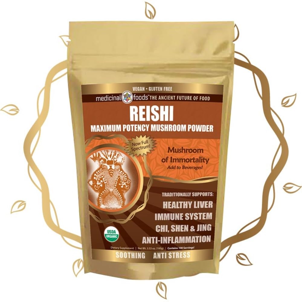 Medicinal Foods Reishi Mushroom Powder - Högsta Potens, Full-Spectrum, Soothing, Anti-Stress, För Smoothies & Tea, Organic, Vegan, Non-GMO, Gluten-Free (100 portioner)