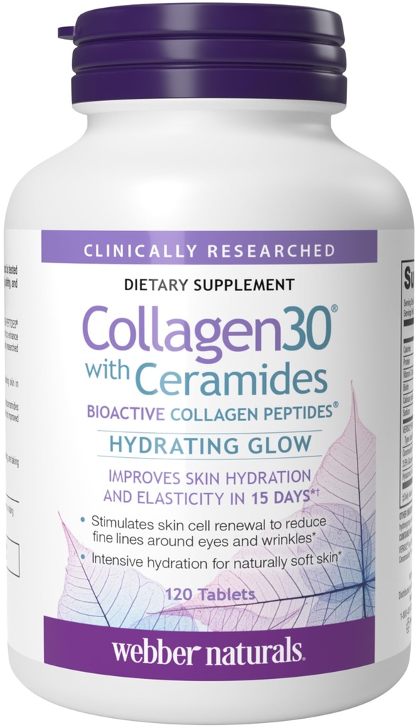 Webber Naturals Collagen30 med Ceramides, Bioactive Collagen Peptides, 120 tabletter, Hydrating Glow, hjälper till att förbättra hudhydration, Elasticity & Smoothness, Non GMO, Dairy & Gluten Free